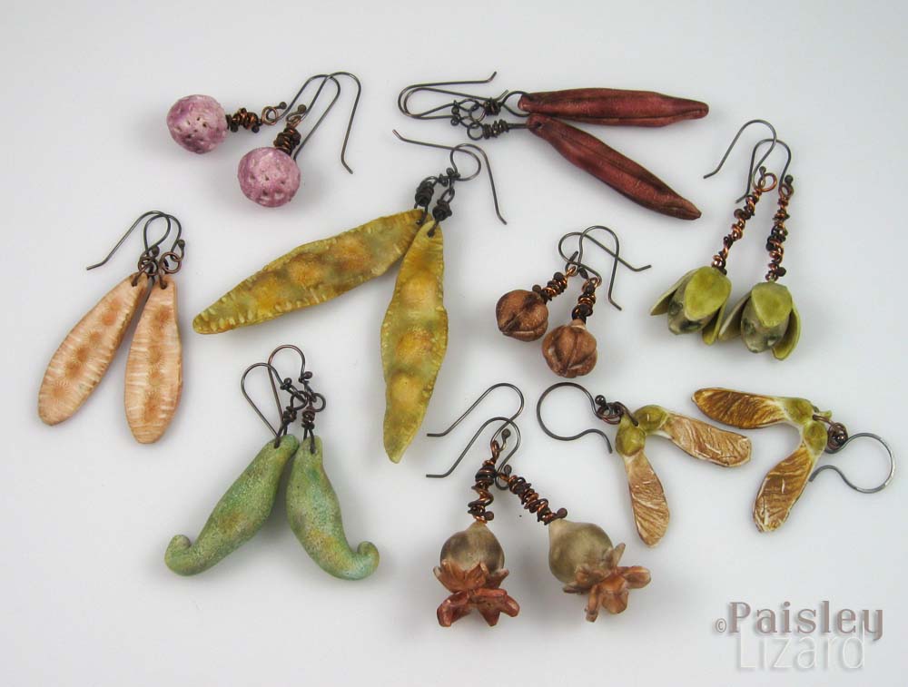 Polymer clay seed pod earrings made by Tammy Adams of Paisley Lizard.